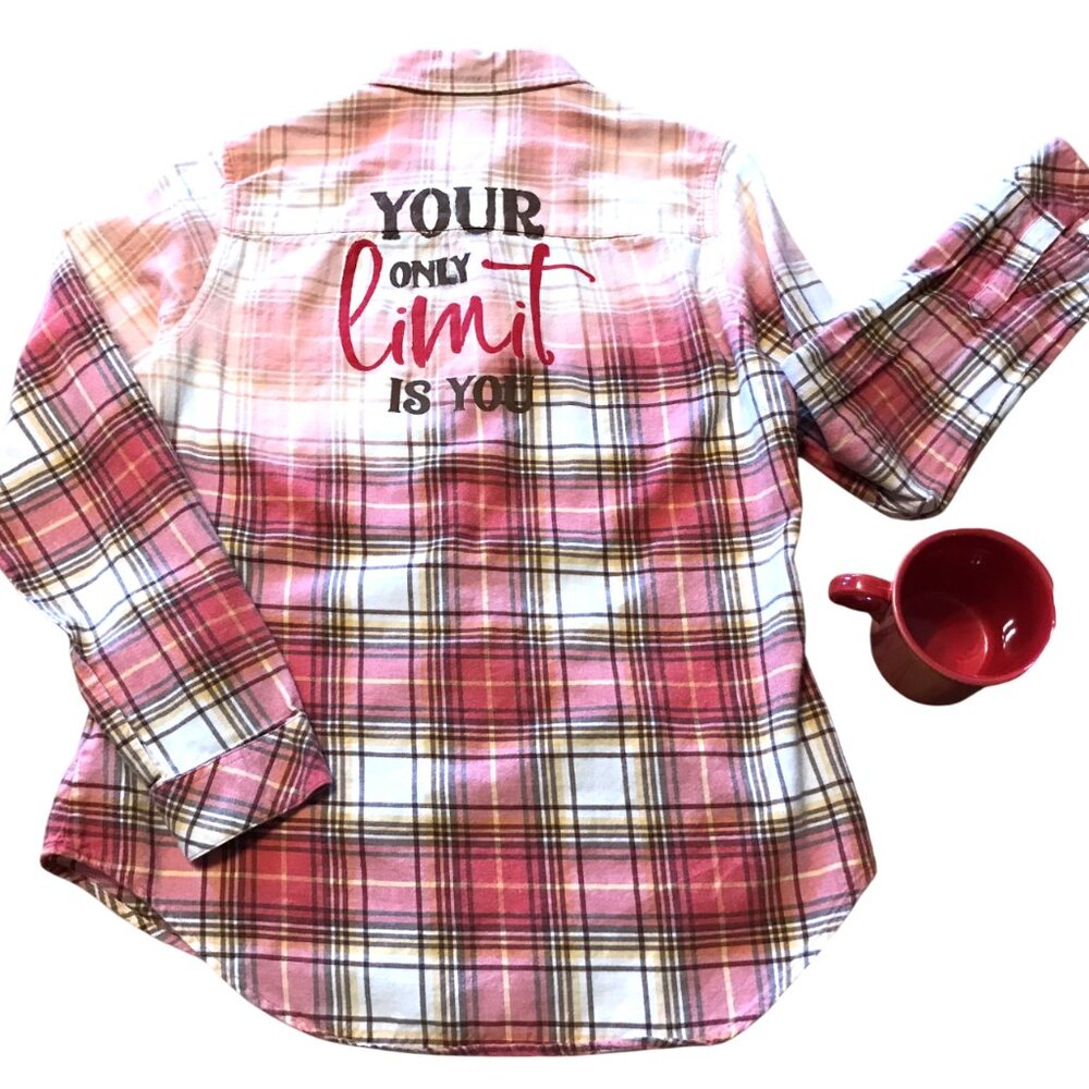 Upcycled Bleached Flannel Shirt, Hand Painted Inspirational Red Plaid Size Small